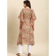 thumbnail image 3 of Janasya Indian V-Neck 3/4 Sleeve Floral Print Beige Cotton Kaftan For Women, 3 of 4