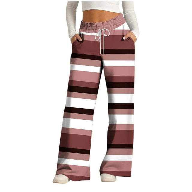 Women's Fashion Striped Print Drawstring Wide-Leg Loose Casual Pocket Pants
