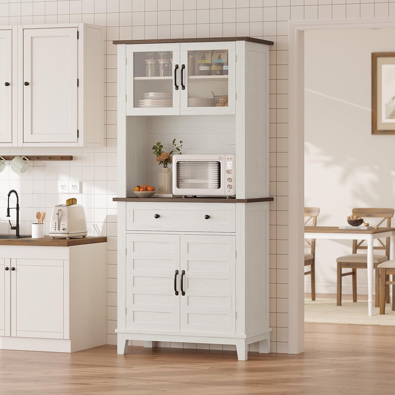 TROPOW Multi-Functional Hutch – Elegant 72" White Pantry Coffee Bar Cabinet for Tall Kitchen Storage with Adjustable Shelves, Glass Doors & Drawer – Ideal for Dining Room and Kitchen