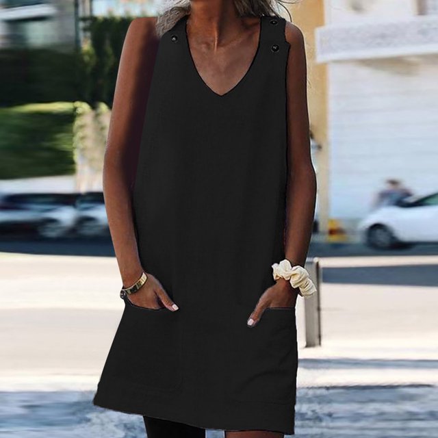 FcBaudy Robe Sans Manches à Col en V, Robes pour Femmes, Robes d'Été pour Femmes Mode Femmes Décontractée Col en V Robes Unies Poches Bouton Robe d'Été Sans Manches à Enfiler Robe Femme