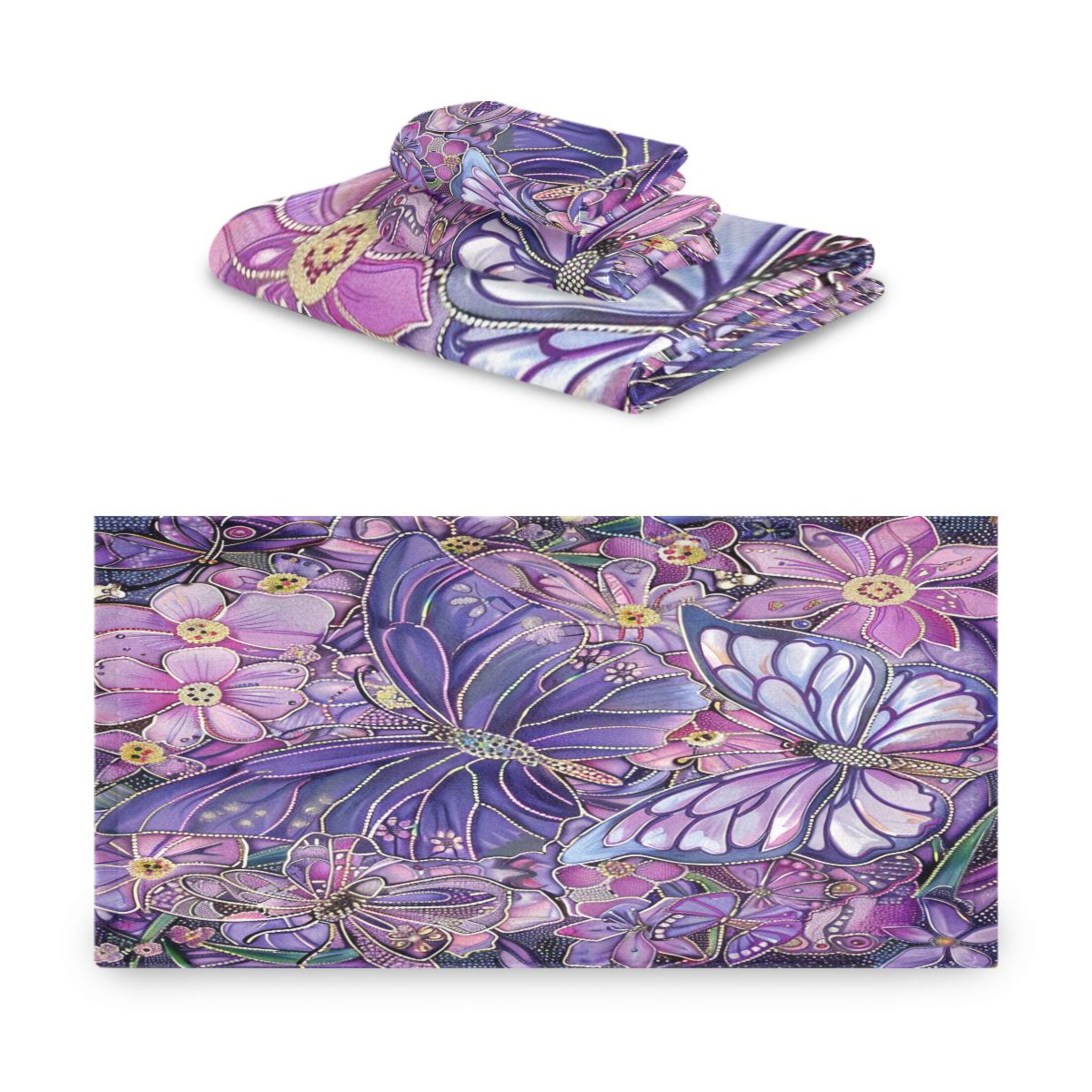 BZSMCE 3piece Bath Towel Sets Hand Bath Towels Fashion Purple Butterfly Garden Printed Towel Sets