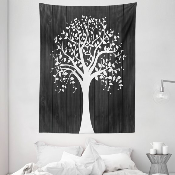 Apartment Decor Tapestry, A Tree with Many Leaves Pattern Wooden Background Botanical Decor Illustration, Wall Hanging for Bedroom Living Room Dorm Decor, 60W X 80L Inches, White, by Ambesonne