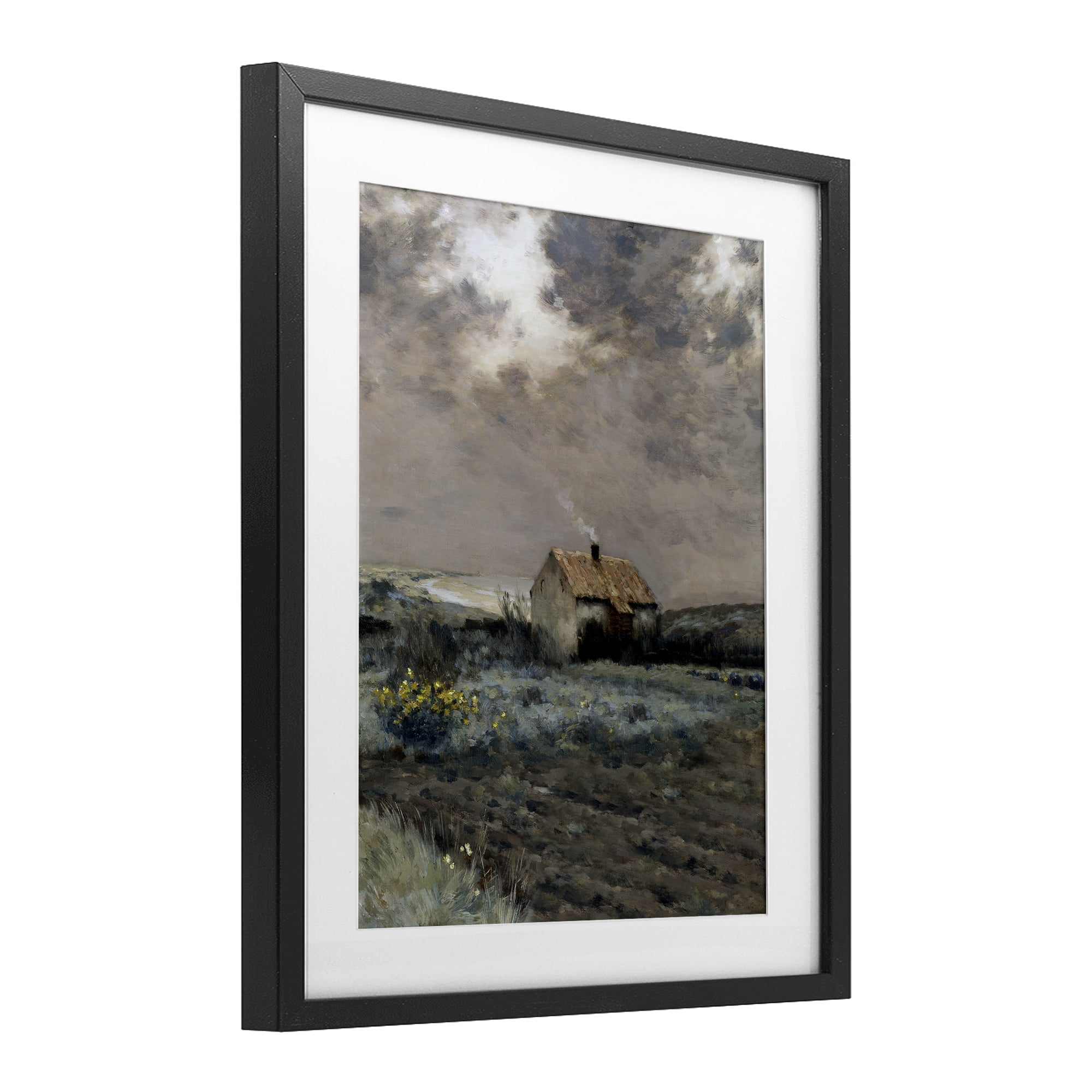 Cabin in Overcast Field Black Framed Print Under Glass, design by Lettered and Lined