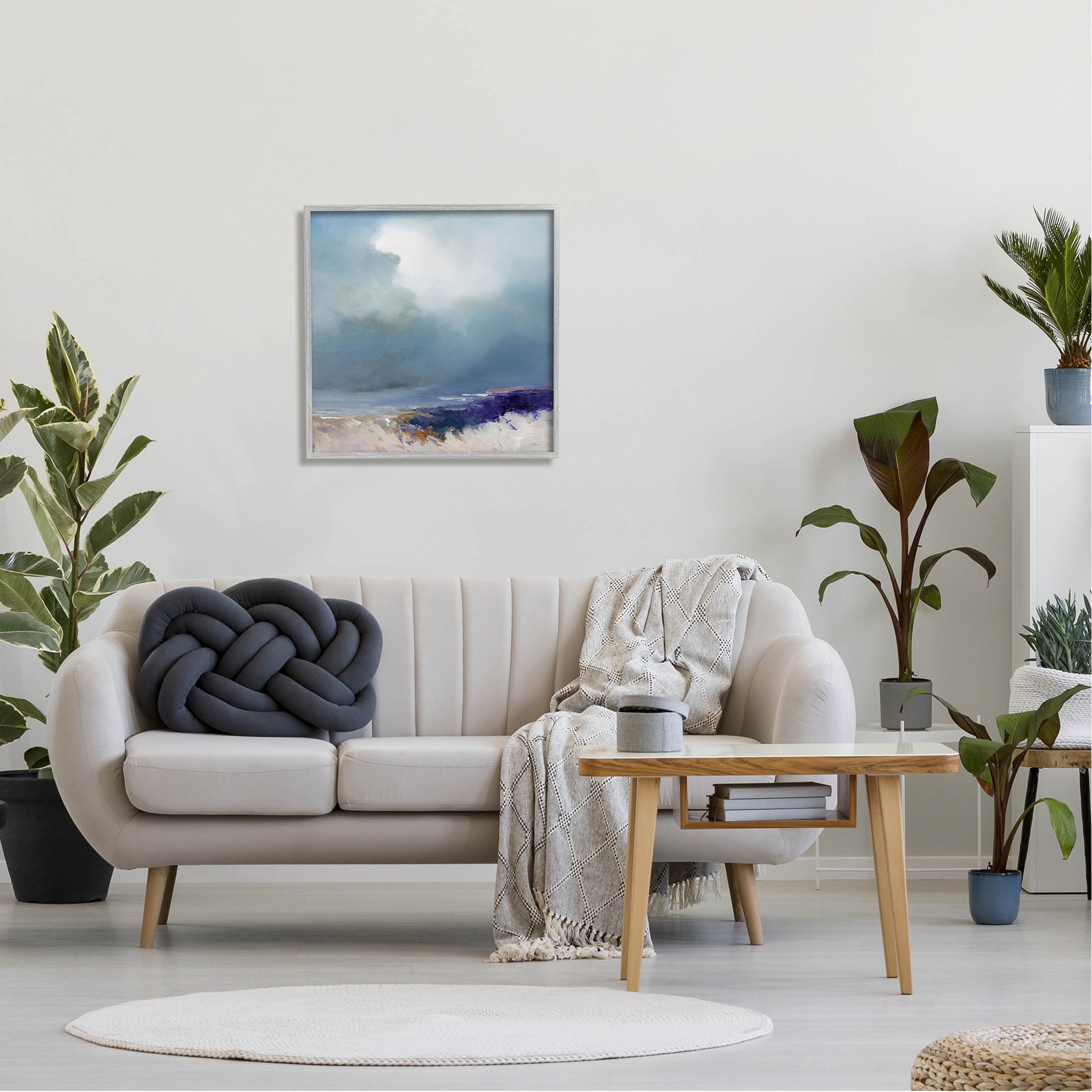 Overcast Ocean Splashing Waves Abstract Painting Gray Framed Art Print Wall Art