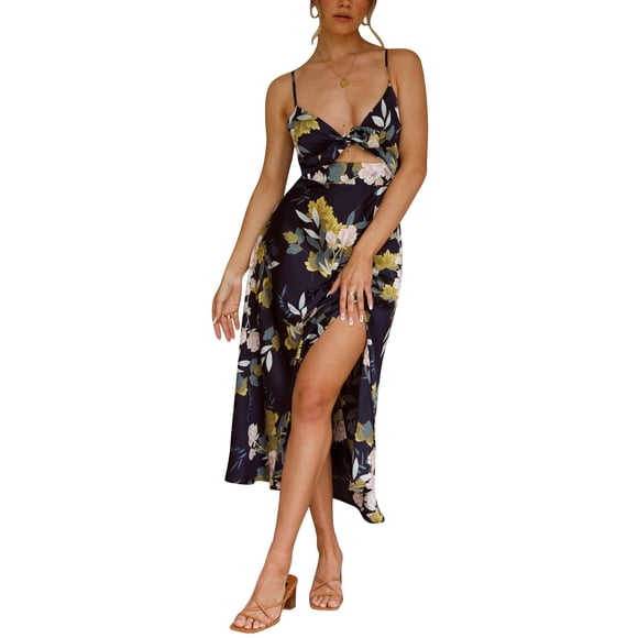 Vestido midi satinado floral con lazo delantero y espalda descubierta Fashionme