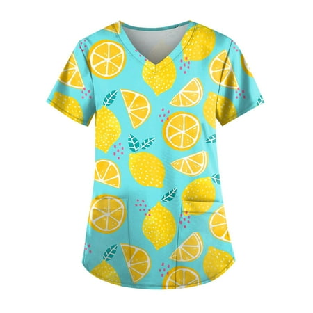 

Apepal Women Short Sleeve V-neck Fruit Print Pocket Scrub Tops