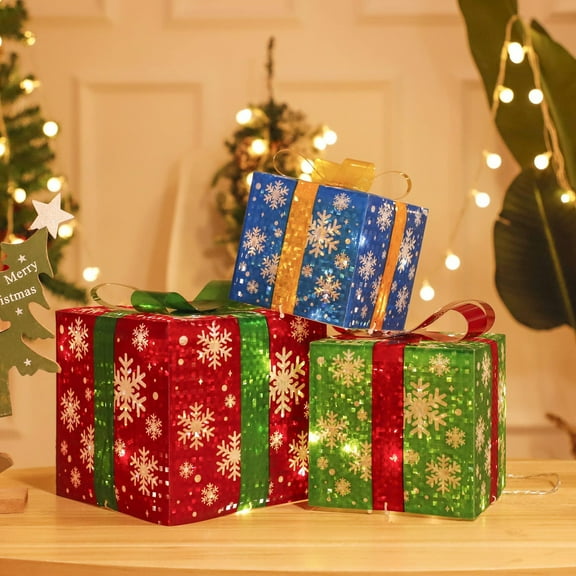Gcvizuso Christmas Lights, String Lights, 3PCS Luminous Christmas Iron Decorative Box, Shopping Window Gift Box, Christmas Tree Decoration, Snow Gift Box