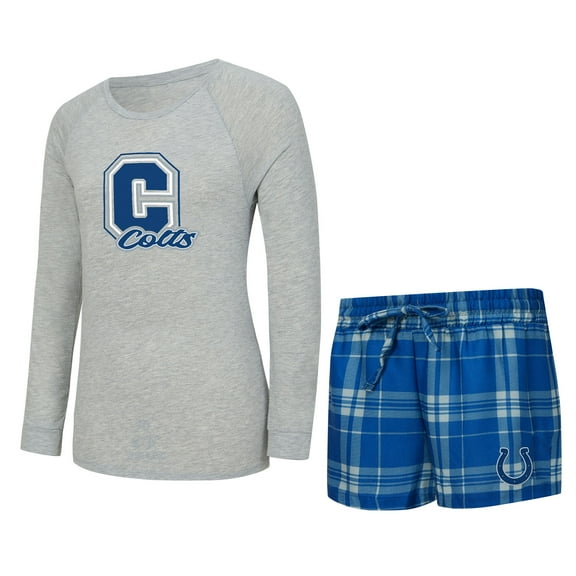 Women's Concepts Sport Heather Gray/Royal Indianapolis Colts Regulate Plaid Long-Sleeve T-Shirt & Shorts Sleep Set