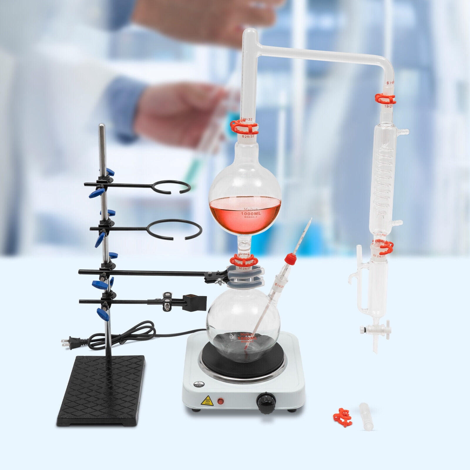 1000ml Countertop Essential Oil Distillation Apparatus Glassware with Condenser & Hot Stove