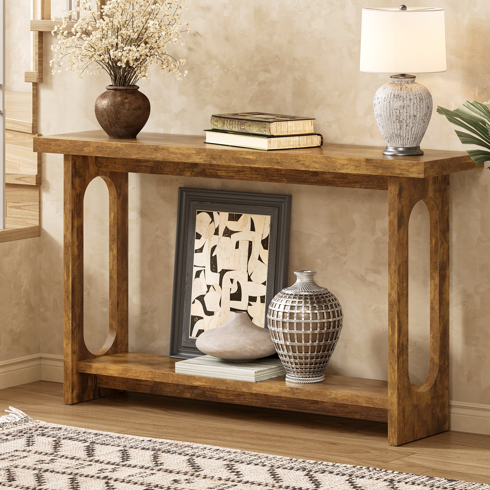 Tarnorci 54.33" Console Table, Narrow Entryway Sofa Table with Storage Shelves, Brown