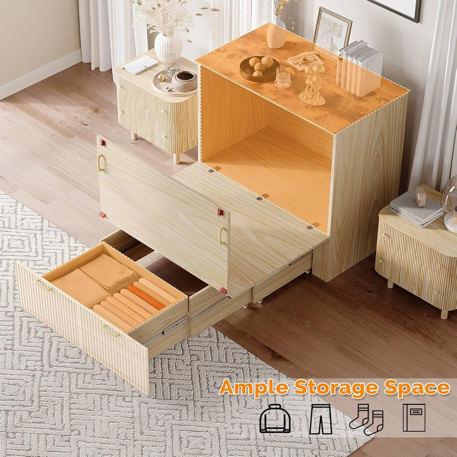 Zimtown Twin Size Murphy Bed with Storage Drawer, Space-Saving Foldable Cabinet Bed Frame, Wood Color
