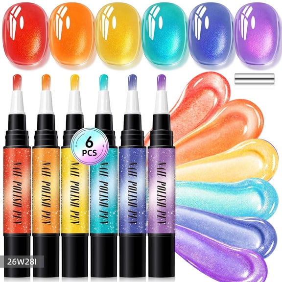 One Step Gel Nail Polish Pens Set, 6 Colors Gel Polish Pens with Fine Tips, Quick Dry Shine Nail Polish Markers for DIY Manicure, Portable Pastel Shimmer Art Nail Paint Set