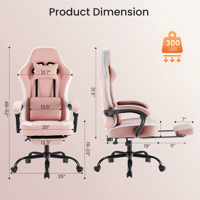 Kelno Ergonomic Gaming Chair with Footrest Lumbar Support Adjustable High Back Swivel Office Chair, Pink
