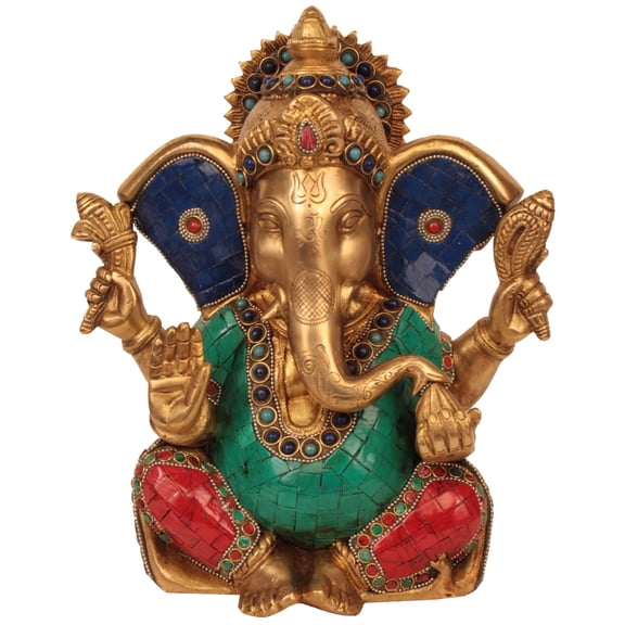 10" Brass Blessing Lord Ganesha Statue Large Ears Inlay - Handmade Wisdom Home Decor Idol
