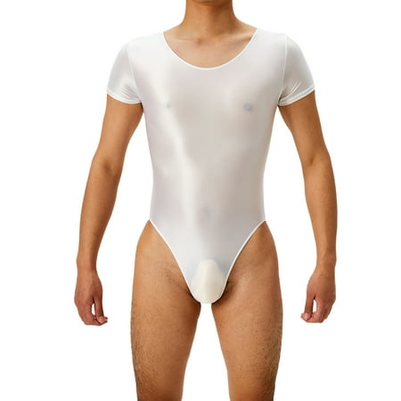 YIZYIF Mens Glossy High Cut Bodysuit Ballet Gymnastics Fitness Sportswear Tight Oil Short Sleeve Thong Leotard White XL