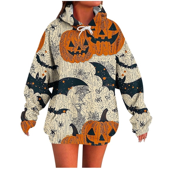 JOANKDMI Vintage Graphic Sweatshirt Women Halloween Hoodie Oversized Novelty Print Pullover Long Sleeve Drawstring with Kangaroo Pocket Fall Wear Casual Daily Tops