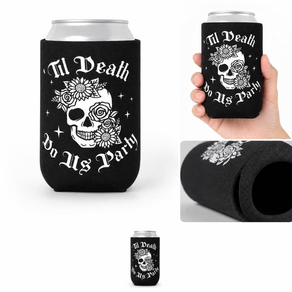 Can Cooler Sleeve Neoprene Insulated 1 Pack Black Til Death Do Us Party Gothic Skull Bride Theme Insulated Can Holder for Halloween Bachelorette Party Bridal Event Beer Beverage Can