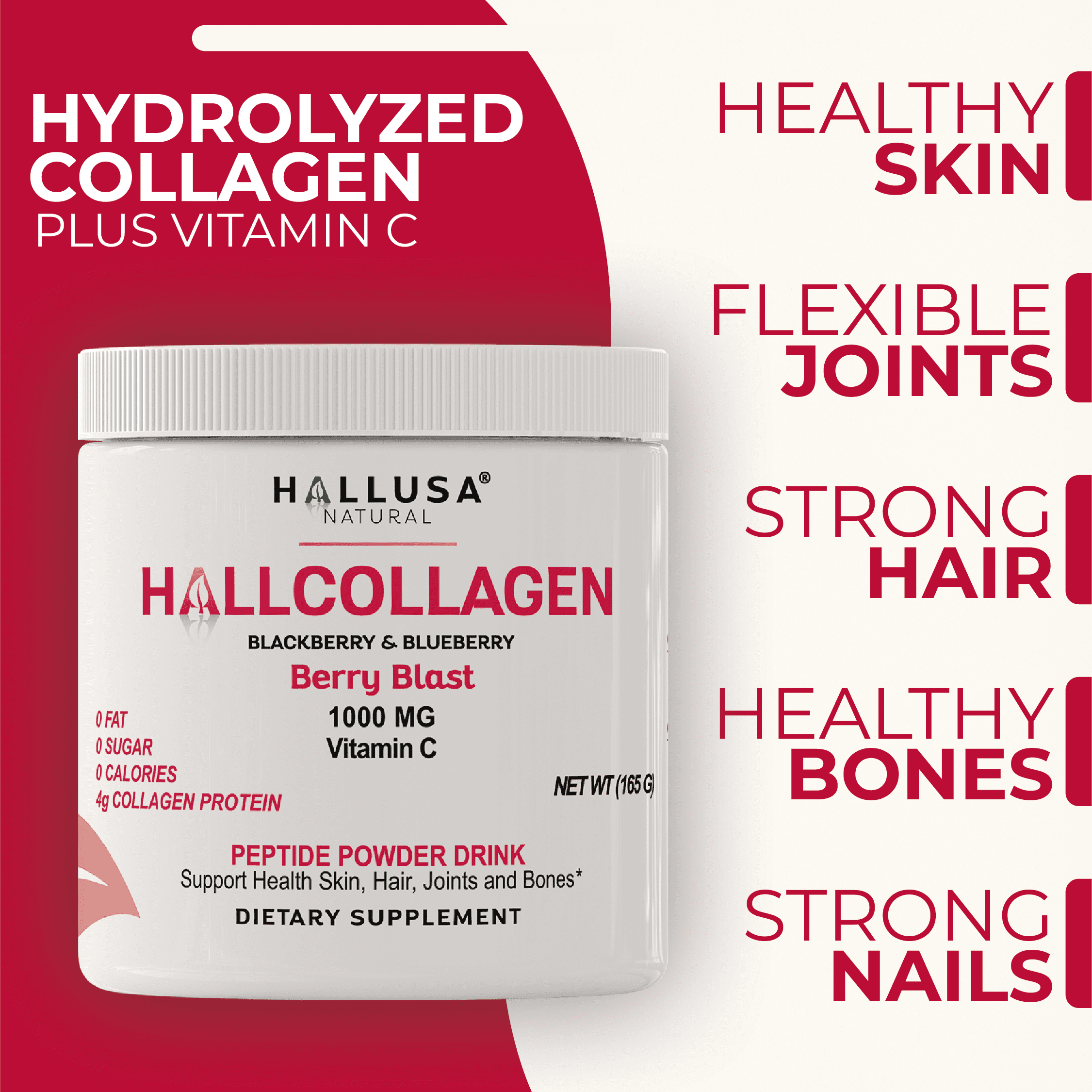 HALLUSA NATURAL Hydrolyzed Collagen Powder with Vitamin C for Skin Hair Joints Bones 30 Servings