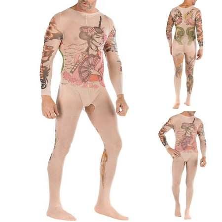 

Silk Stockings for Women Men s Stockings Sexy Tattoo Totem Long Sleeve Open File One-piece Underwear White One Size