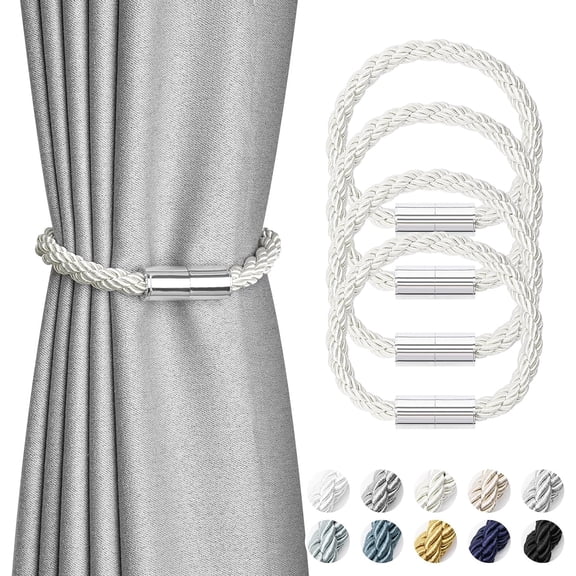 4 Pack Mini Magnetic Curtain Tiebacks Modern Simple Style Drape Tie Backs Elegant Decorative Weave Rope Curtain Holdbacks for Home & Office Thin Window Draperies (Creamy-White)