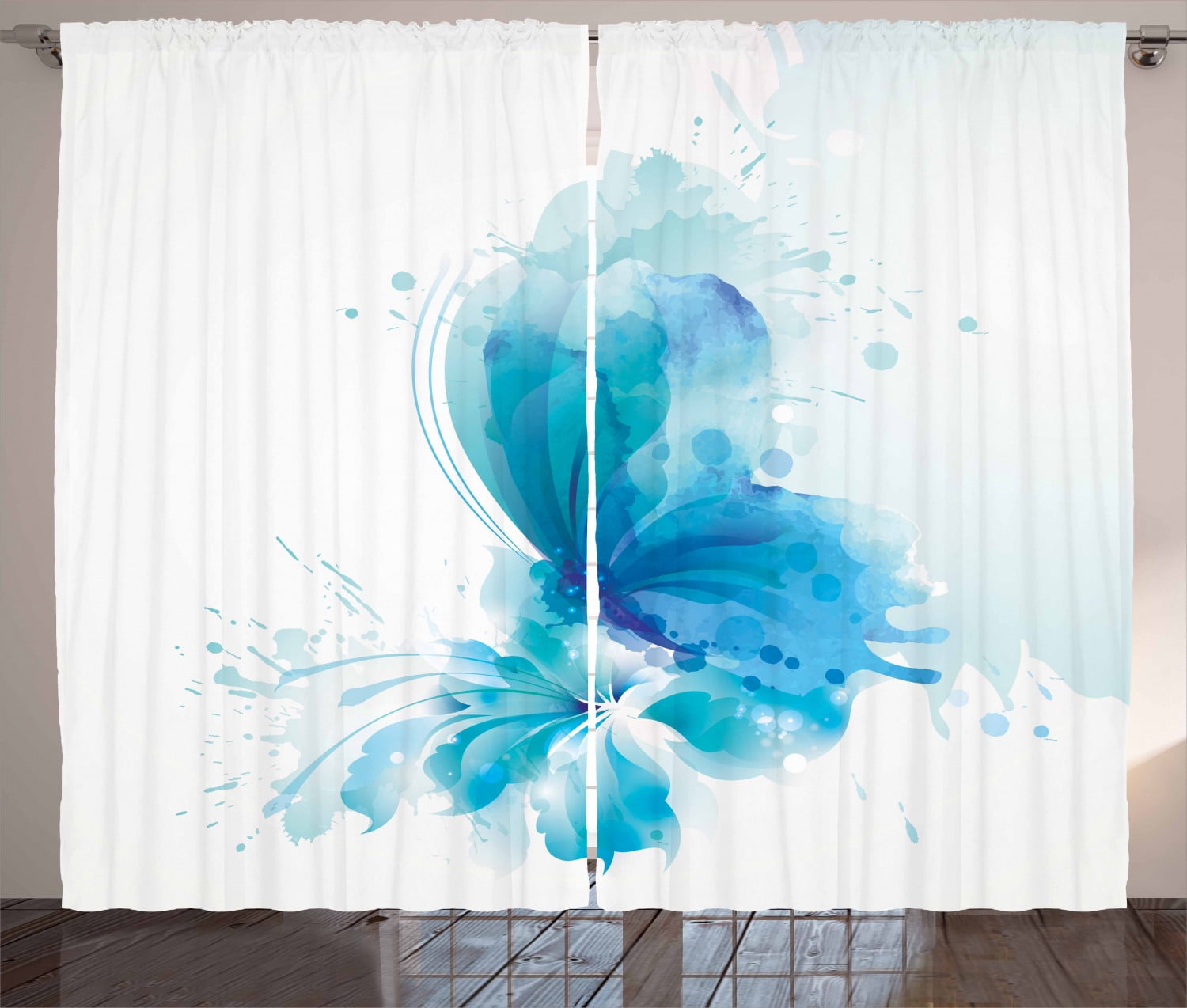 Watercolor Curtains 2 Panels Set, Abstract Blue Butterfly on a Blooming Flower Romantic Artistic