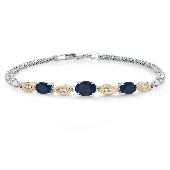 Gem Stone King 925 Silver and 10K Yellow Gold Blue Sapphire and White Lab Grown Diamond Bracelet for Women (2.17 Cttw, Gemstone September Birthstone, Oval, Wheat Chain, 7.5 inches)