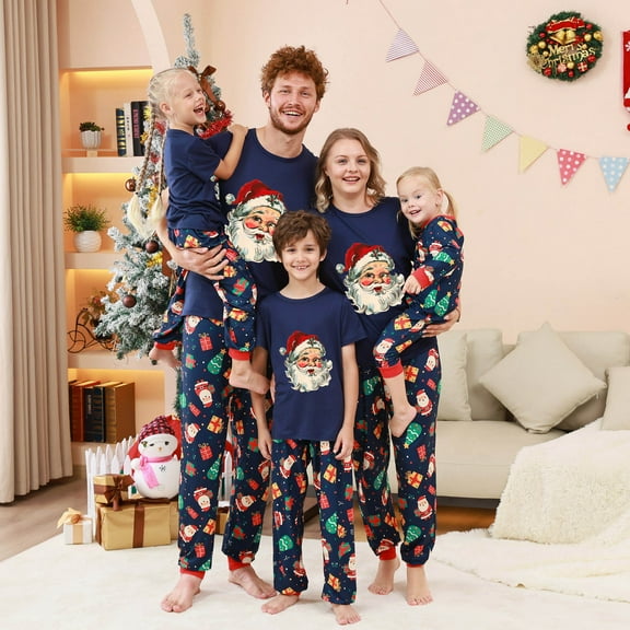 Zwiiyzr Christmas Pajamas for Family for Dad Matching Family Sets Christmas Print Casual Short Sleeve Top With Bottom Outfits Home Wear 2025 Blue