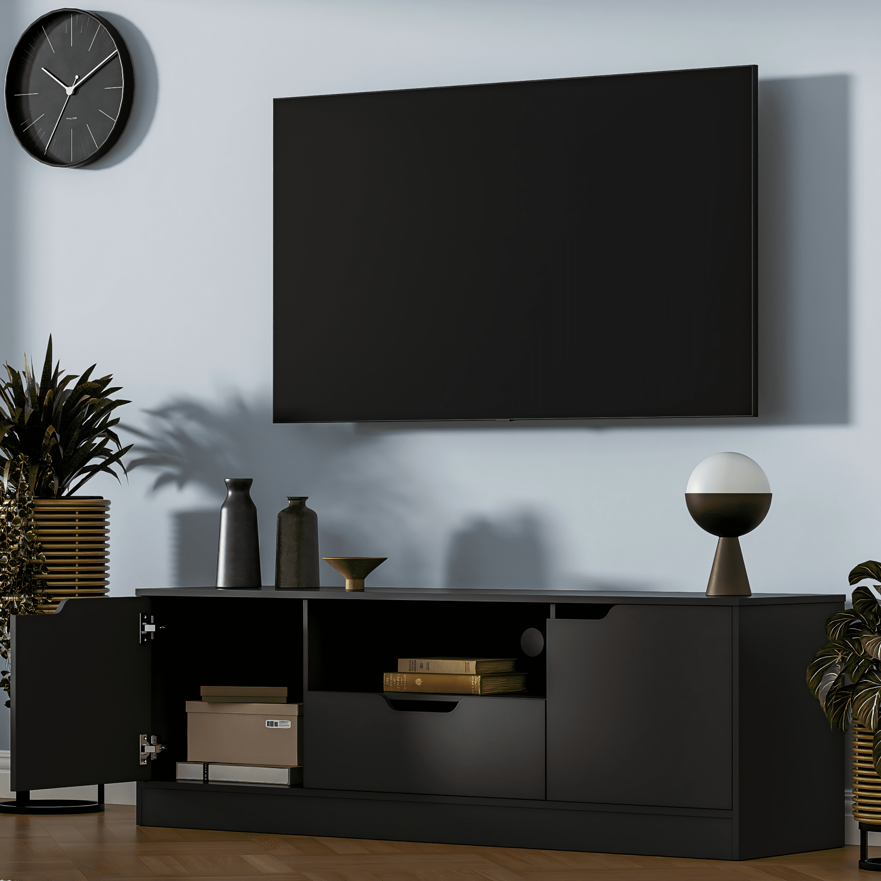 Modern TV Stand for 55/60/65 Inch TV, Media TV Console Table with 2 Doors & Drawer, Entertainment Center with Storage Cabinet for Living Room, Bedroom, Black