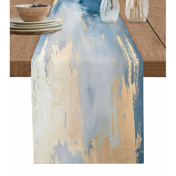 Abstract Turquoise Blue Table Runner-Cotton Linen- 48 Inch Holiday Dresser Scarves, Modern Orange Color Block Tablerunner for Kitchen Coffee/Dining Bedroom Home Living Room Dinner Scarf Décor 13x48