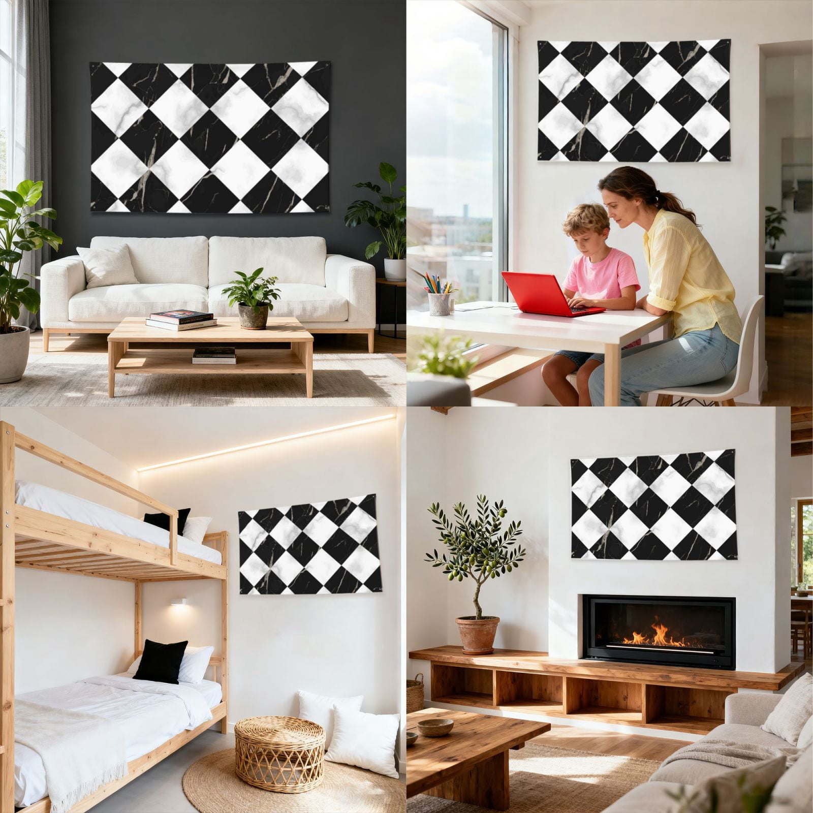Marble Check Diagonal Black White Four Hole Decorated Banner Flag for Garden Yard Home Decoration Indoor Outdoor 4x6 Ft