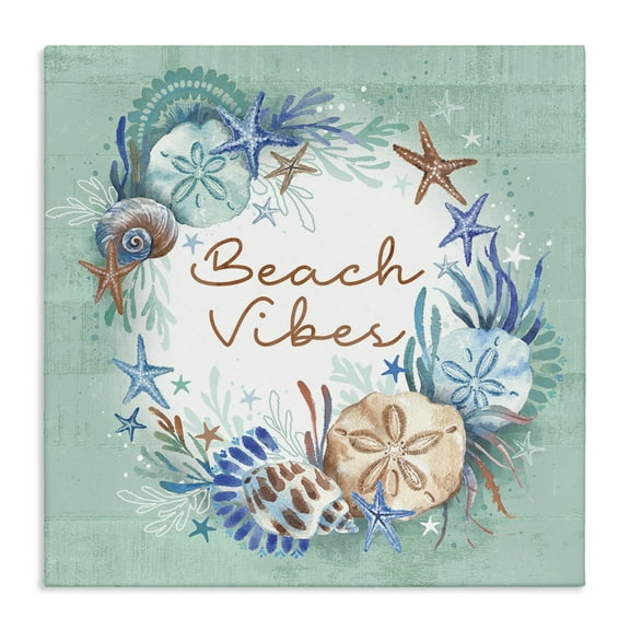Stupell Industries Beach Vibes & Seashells Coastal Painting Gallery Wrapped Canvas Art Print Wall Art, 17 x 17