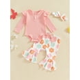 thumbnail image 2 of Suealasg 3Pcs Baby Girl Fall Outfits Set Long Sleeve Ribbed Romper + Floral Print Flare Pants + Headband Set 3 6 12 18 Months Infant Girl Spring Clothes, 2 of 7