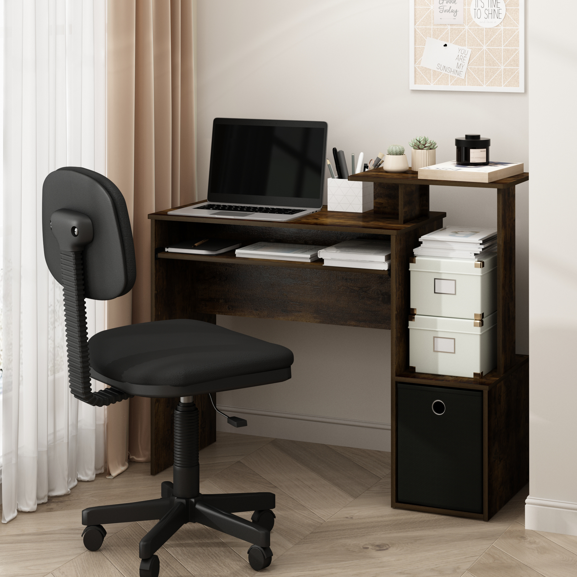 Furinno Econ Multipurpose Home Office Computer Writing Desk with Bin, Amber Pine/Black