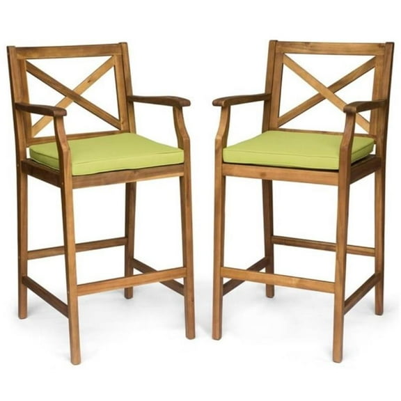 Home Square Outdoor Acacia Wood Barstool in Teak and Green - Set of 2