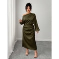 thumbnail image 5 of Army Green Satin Asymmetric Off-Shoulder Ruched Waist A-Line Midi Dress, 5 of 5