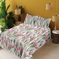 thumbnail image 2 of Ambesonne Love Themed Fitted & Flat Sheet with Shams 4 Pcs Set, Romantic Tulip Flowers, Queen, Hot Pink Fern Green Cream, 2 of 5