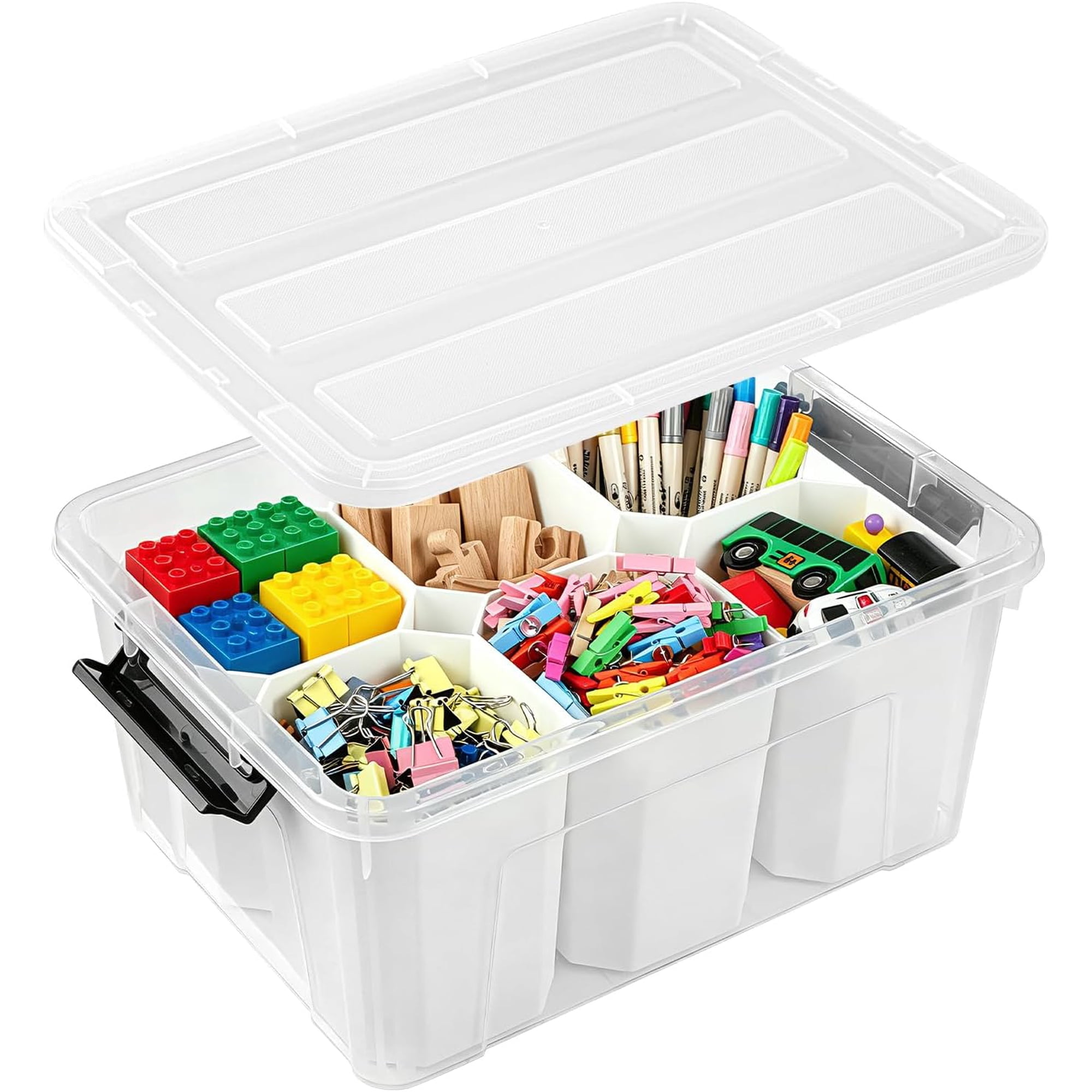 youjia Clear Storage Bins with 6 Tall Inserts Stackable craft organizers and storage Box Plastic Storage Totes with Lids and Handles for Crafts Jewelry & Sewing Art Supplies Markers Pens