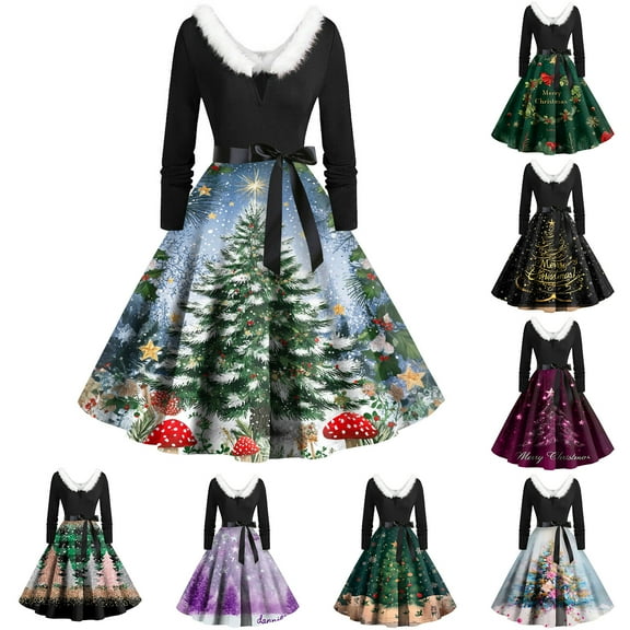 Christmas Dresses for Women Women's Fashion Round Casual Slim Fit Christmas Print Large Swing Long Sleeve Dress for Holiday Party,Army Green,L