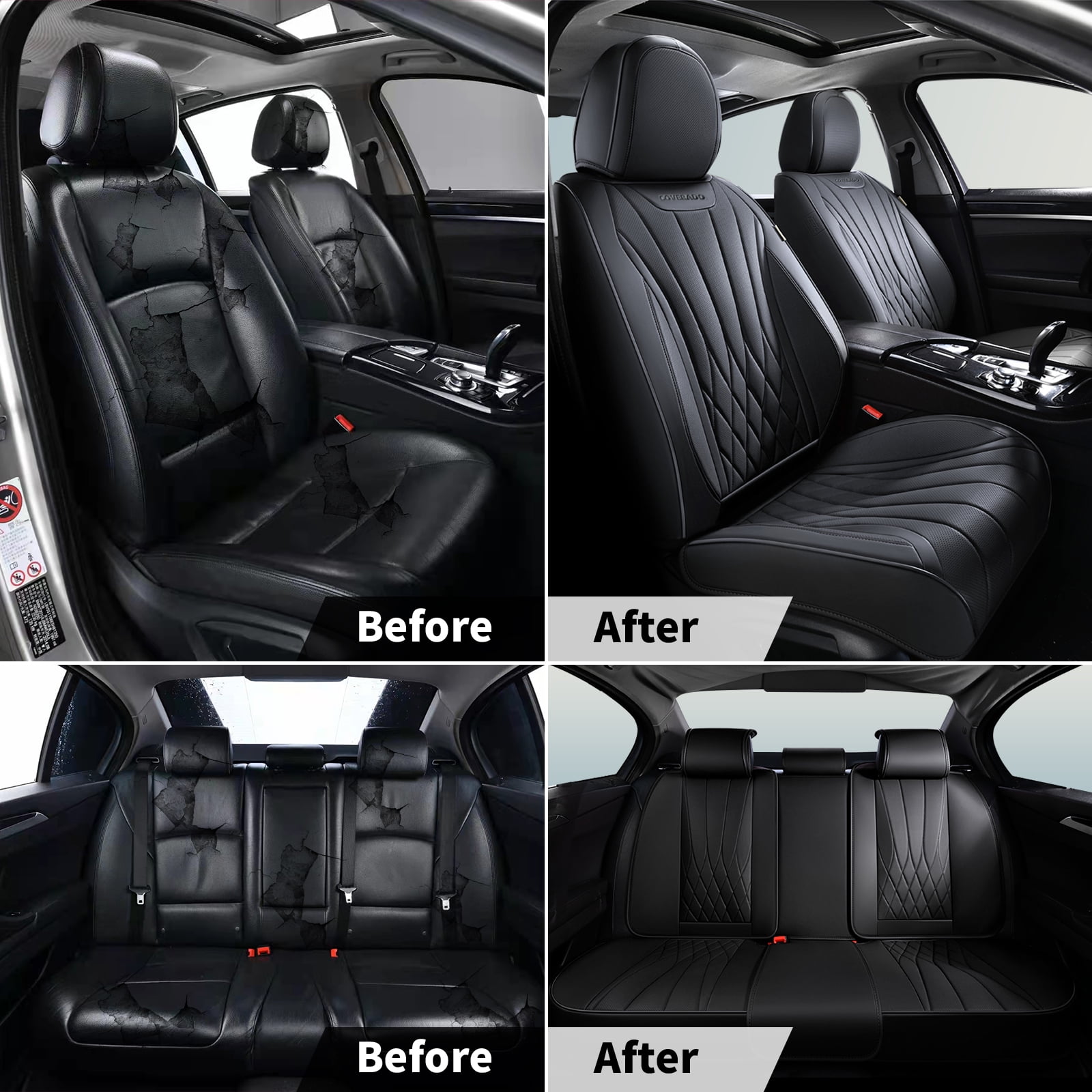 Coverado Car Seat Covers Full Set, Premium Leather Front and Rear Seat Protectors, Sleek Design Universal Fit for Most Cars, Black