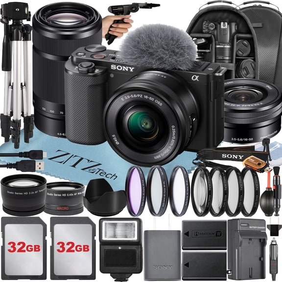 Sony Alpha ZV-E10 Mirrorless Vlog Camera With 16-50mm Lens   55-210mm Lens   2 Pack 32GB Memory Card   Flash   Tripod   Backpack   ZeeTech Accessory Bundle (Black)