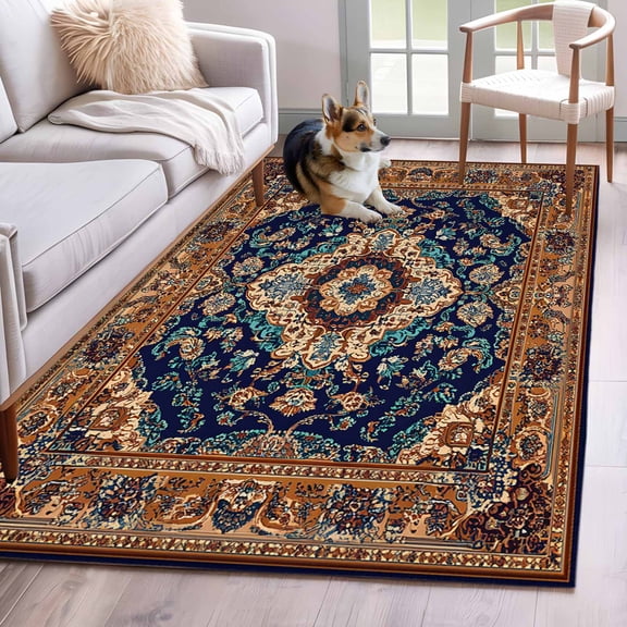 Blue Burnt Orange Boho Area Rug 3x5 Washable Rug Non Slip Antique Tribal Southwestern Large Area Rug Indoor Floor Carpet for Entryway Bedroom Kitchen Living Room Home Office Dining Room Nursery