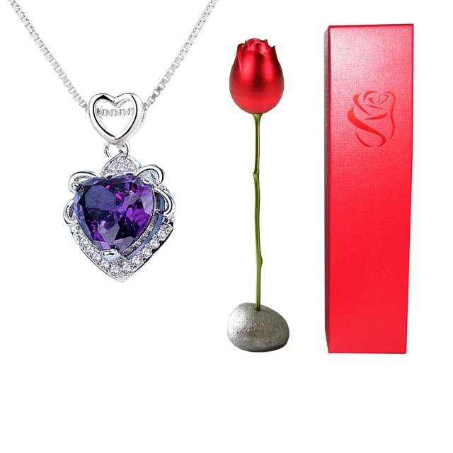 Colgante de diamante de cristal azul violeta en forma de corazón, elegante collar con cabeza de rosa, caja de joyería, regalo de San Valentín