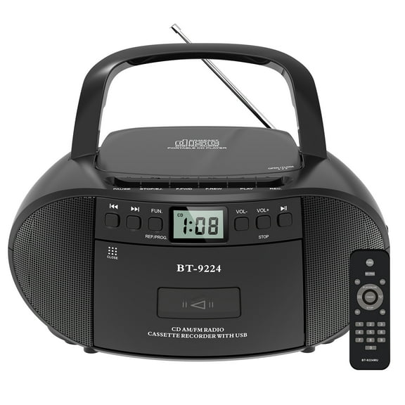 Boombox CD and Cassette Player,Casette Tape Recorder with Remote,AM FM Radio, USB Playback with Earphone Jack, 5.1V Bluetooth Speaker, Battery Operated or AC Powered for Home