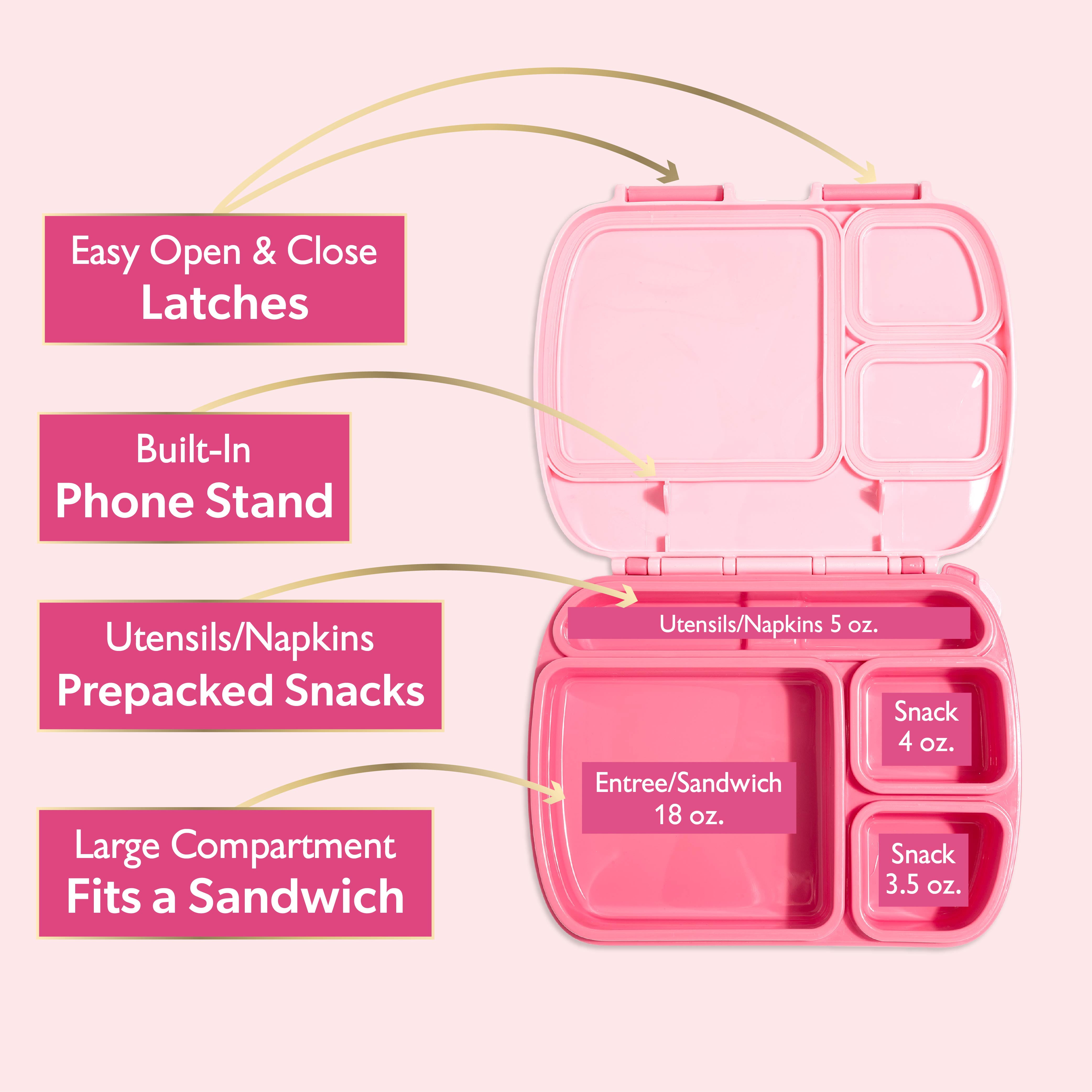 Paris Hilton Bento-Style Lunch Box, 4 Compartments, Built-In Phone Stand, Removable Tray, Bow Design Lid, Pink
