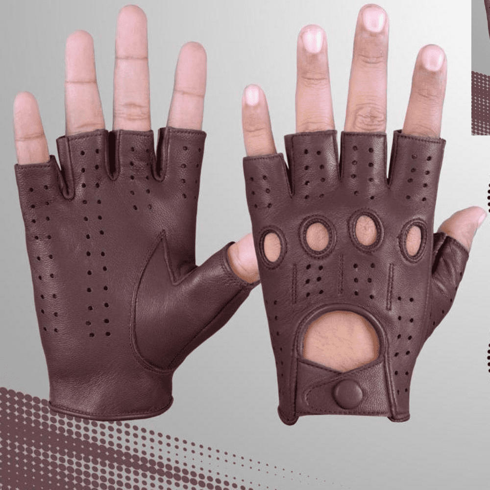Driving Half Finger Finger less Knuckle Holes For Men Genuine Motorcycle Leather Gloves Brown