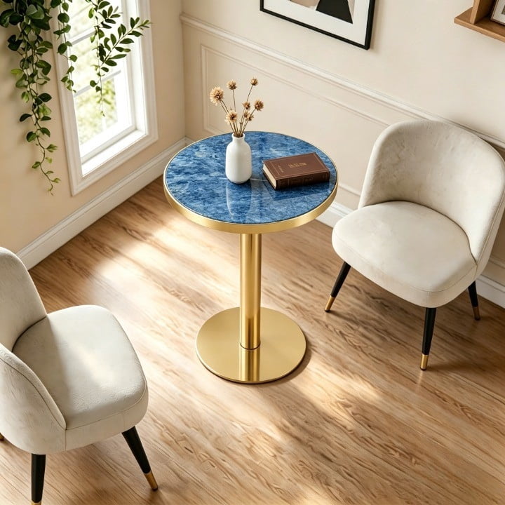 23.6" Round MDF sprayed with UV paint countertop, marble texture, stainless steel edging, metal table legs, modern light luxury edge/coffee table.