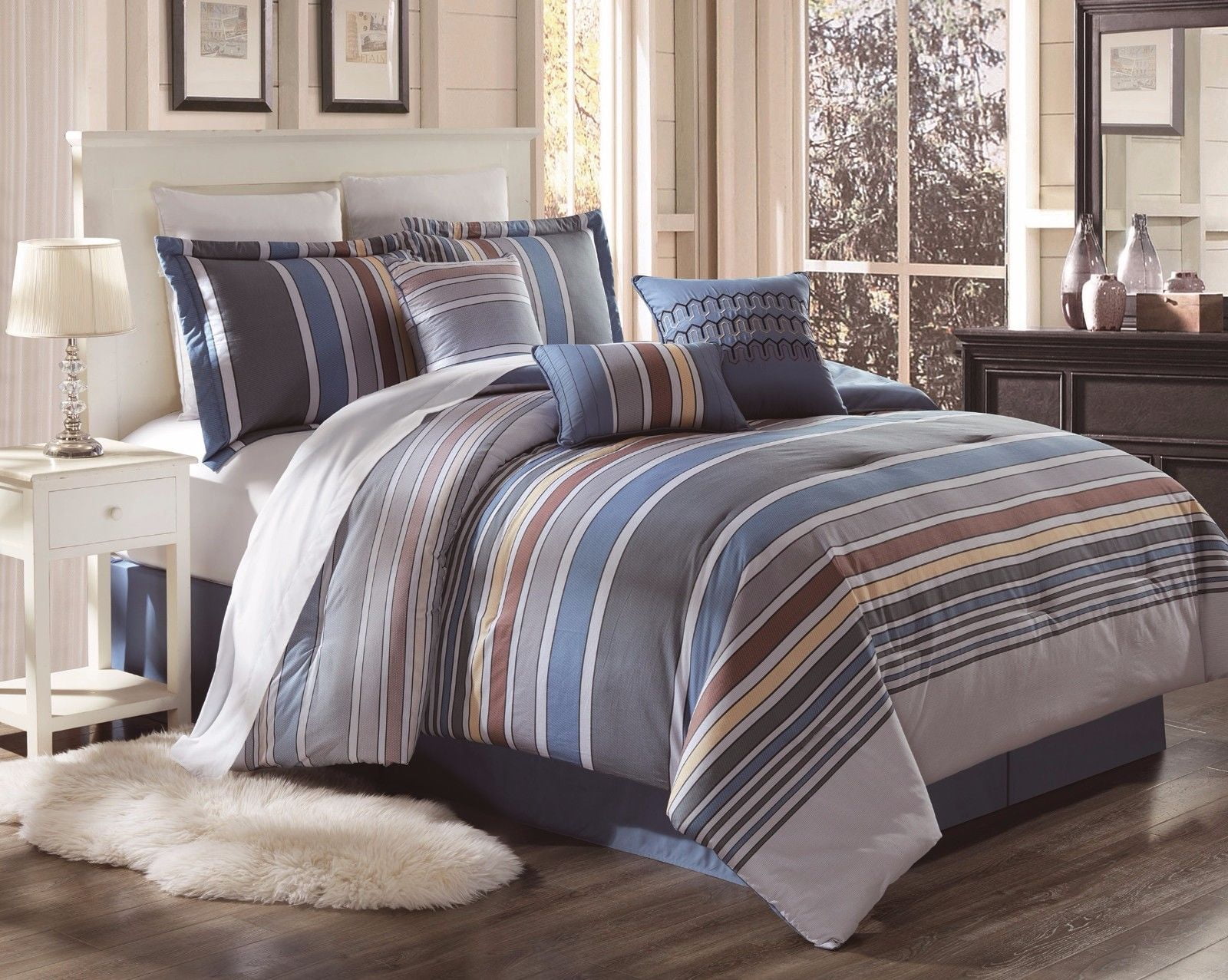 B-Y332 3-Piece Striped Pattern Queen Cotton Duvet Cover Bed Set For