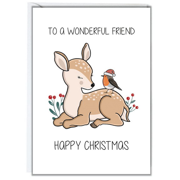 Happy Christmas Card for a Wonderful Friend – Cute Deer and Bird Design – Blank Inside, Envelope Included – Perfect Holiday Greeting Card
