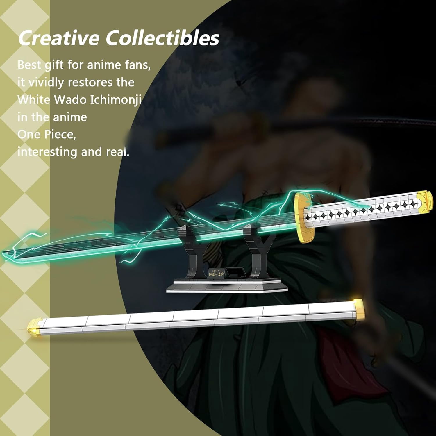 Anime Cosplay Swords Building Set, 806 Piece One White Ichimonji Yamato Sword, 39IN Roronoa Zoro Katana with Scabbard and Bracket for Adults (Luminous)