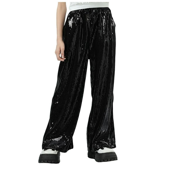 CAICJ98 Girls Sequin Flare Pants Sparkle Bell Bottoms Toddler Kids Elastic Waist Glitter Disco Dance Trousers with Pockets Black,5-6 Years